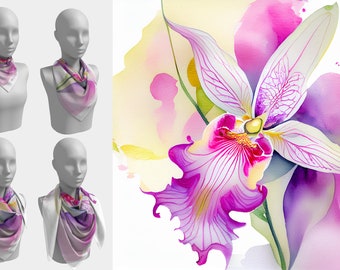 Bufanda de seda de orquídea única en su tipo / Bufanda de orquídea cuadrada en mezcla modal 100% seda o seda / Bufanda de orquídea única