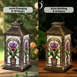 May include: Solar-powered lantern with a stained-glass design featuring a purple orchid in a pot. The lantern has a bronze finish and a handle for hanging. Text on the image reads "Auto Charging 8-10 Hours" and "Auto Working 5-6 Hours".