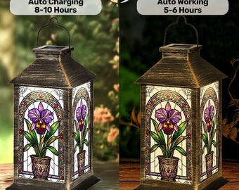 Solar Lantern Orchid Stained Glass Print Lamp | Cattleya Garden Lamp | Nightlight