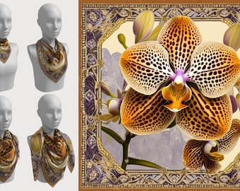 One-of-a-Kind Gold Vanda Orchid Silk Scarf | Square Orchid Scarf in 100% Silk or Silk Modal Blend