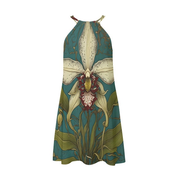 Luxurious White Cattleya Orchid Halter Dress in 100% Rayon