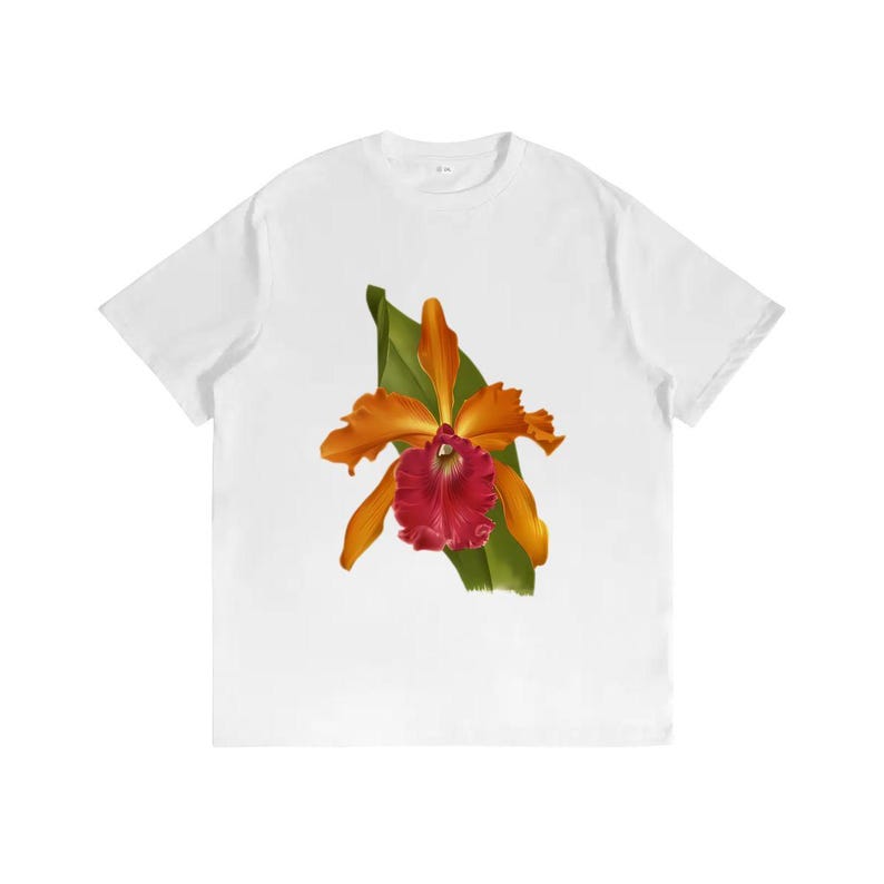 May include: White t-shirt featuring a vibrant illustration of an orange and red orchid flower with green leaves. The floral design is centered on the front of the shirt. The shirt has short sleeves and a crew neck.