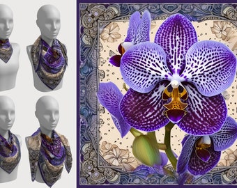 Bufanda de seda de orquídea Vanda azul única en su tipo / Bufanda de orquídea cuadrada en mezcla modal 100% seda o seda