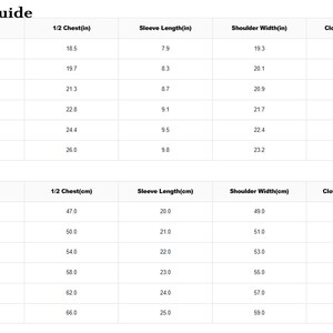 May include: A white chart titled "Size Guide" with measurements in inches and centimeters. The chart details chest, sleeve, shoulder, and clothing lengths for sizes S to 3XL. Measurements include 18.5 inches chest for size S and 81.0 cm clothing length for size 3XL.