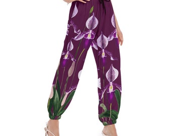 Plum Paphiopedilum Bloomer Pants | Orchid Print Harem Pants | Orchid Pantaloons