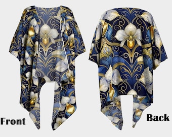 Kimono de seda drapeado Paph azul marinho e dourado