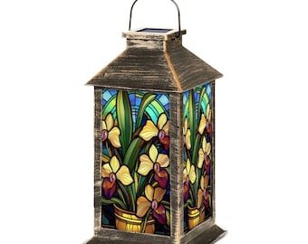 Solar Lantern Orchid Stained Glass Print Lamp | Phaius Garden Lamp | Nightlight