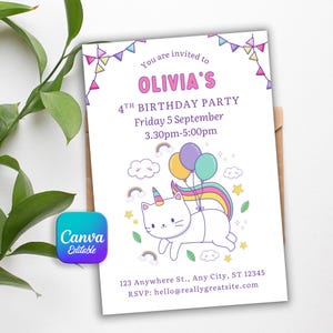 May include: A white invitation card with the text "You are invited to OLIVIA'S 4TH BIRTHDAY PARTY Friday 5 September 3.30pm-5:00pm". The card features a cartoon cat with a unicorn horn, holding balloons, and rainbows.