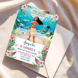 May include: A colorful invitation card featuring a cartoon character on a beach scene. The card has text that reads "The Ocean is Calling You to Celebrate" and "Angela is Turning 8". The invitation includes event details and a phone number.