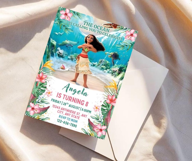 May include: A colorful invitation card featuring a cartoon character on a beach scene. The card has text that reads "The Ocean is Calling You to Celebrate" and "Angela is Turning 8". The invitation includes event details and a phone number.
