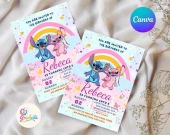 Invitación de cumpleaños de Stitch y Ángel, editable (digital)
