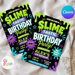 May include: Two rectangular birthday party invitations with a black background featuring bright green slime drips at the top. The text reads Join Us For A Slime Tastic Birthday Party, Come Celebrate Alex's 8th Birthday, June 21, 4:00 PM.