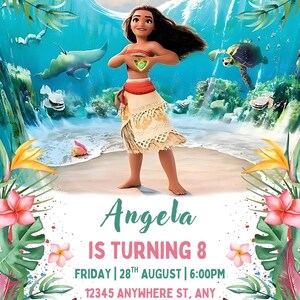 May include: A vibrant invitation featuring a cartoon character on a beach with ocean life. The text reads "The Ocean is Calling You to Celebrate" and "Angela is Turning 8". Tropical flowers and foliage frame the design.