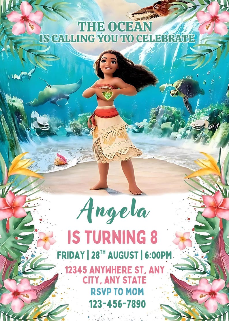 May include: A vibrant invitation featuring a cartoon character on a beach with ocean life. The text reads "The Ocean is Calling You to Celebrate" and "Angela is Turning 8". Tropical flowers and foliage frame the design.