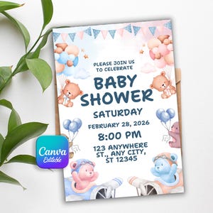 Editable Bear Baby Shower Invitation: Brown Bear Balloon Design (Digital Download, 5x7in JPG/PDF Template)