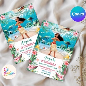May include: Two birthday party invitations featuring a cartoon character on a beach scene with the text "The Ocean is Calling You to Celebrate". The invitations include the name "Angela" and party details.