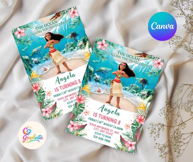 May include: Two birthday party invitations featuring a cartoon character on a beach scene with the text "The Ocean is Calling You to Celebrate". The invitations include the name "Angela" and party details.