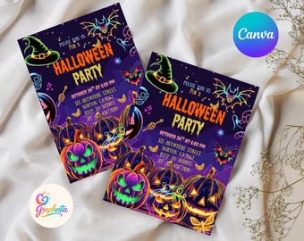 Neon Halloween Party Invitation, Spooktacular Costume Party, Neon Halloween Cute Invite, Halloween Party Invitation, Editable Canva