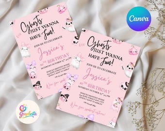 Spooky One Invitation Pink, Halloween Ghost Birthday Party Invite, Cute Pink Ghost 1st Birthday, First Boo Day Halloween Invitation Girl