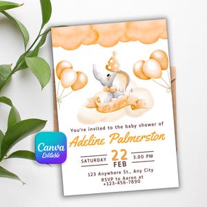 Pink Elephant Baby Shower Invitation: Pastel Balloons, Rose Accents (Canva Template, Digital Download)