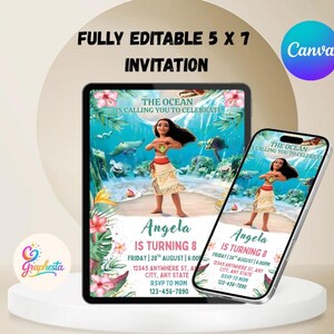 May include: Digital invitation design featuring a cartoon character on a beach scene with the text "The Ocean is Calling You to Celebrate." The invitation is fully editable and sized at 5 x 7 inches. The invitation is displayed on a tablet and a smartphone.