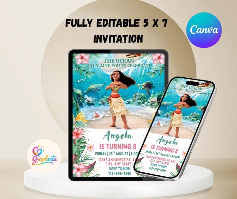 May include: Digital invitation design featuring a cartoon character on a beach scene with the text "The Ocean is Calling You to Celebrate." The invitation is fully editable and sized at 5 x 7 inches. The invitation is displayed on a tablet and a smartphone.