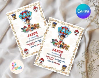 Editable Paw-ty Birthday Invitation Template, Kids Party Invitation, Puppy Patrol Pup Boys & Girls Bday, Instant Download