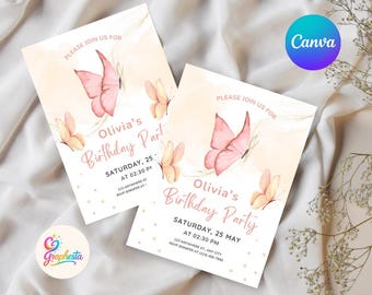 May include: Two birthday party invitations with a watercolor butterfly design. The invitations read "Olivia's Birthday Party" with the date and time. The Canva and Graphesta logos are also visible.