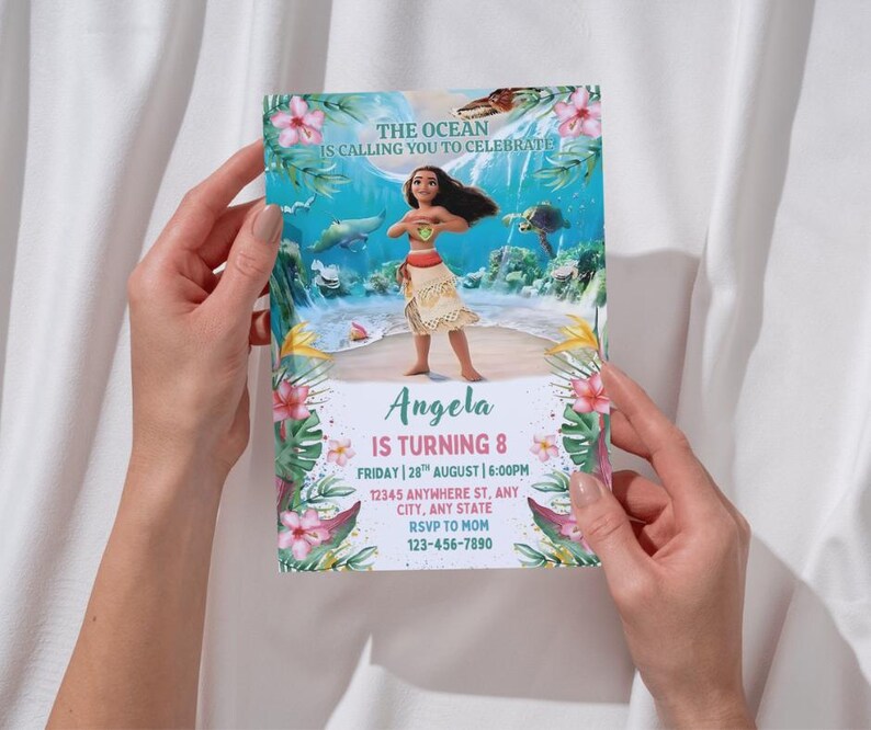 May include: A colorful invitation with the text "THE OCEAN IS CALLING YOU TO CELEBRATE" and "Angela IS TURNING 8". The invitation features a cartoon character, ocean creatures, and tropical flowers. The invitation also includes the date, time, and RSVP information.