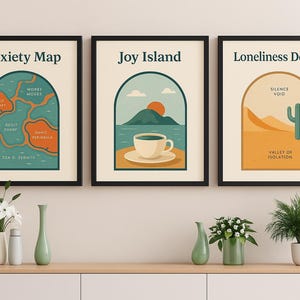 Emotional Mindscapes – Illustrierte Landkarte Wandkunst Set (Anxiety Map, Joy Island, Loneliness Desert) – Mentale Gesundheit Konzeptkunst
