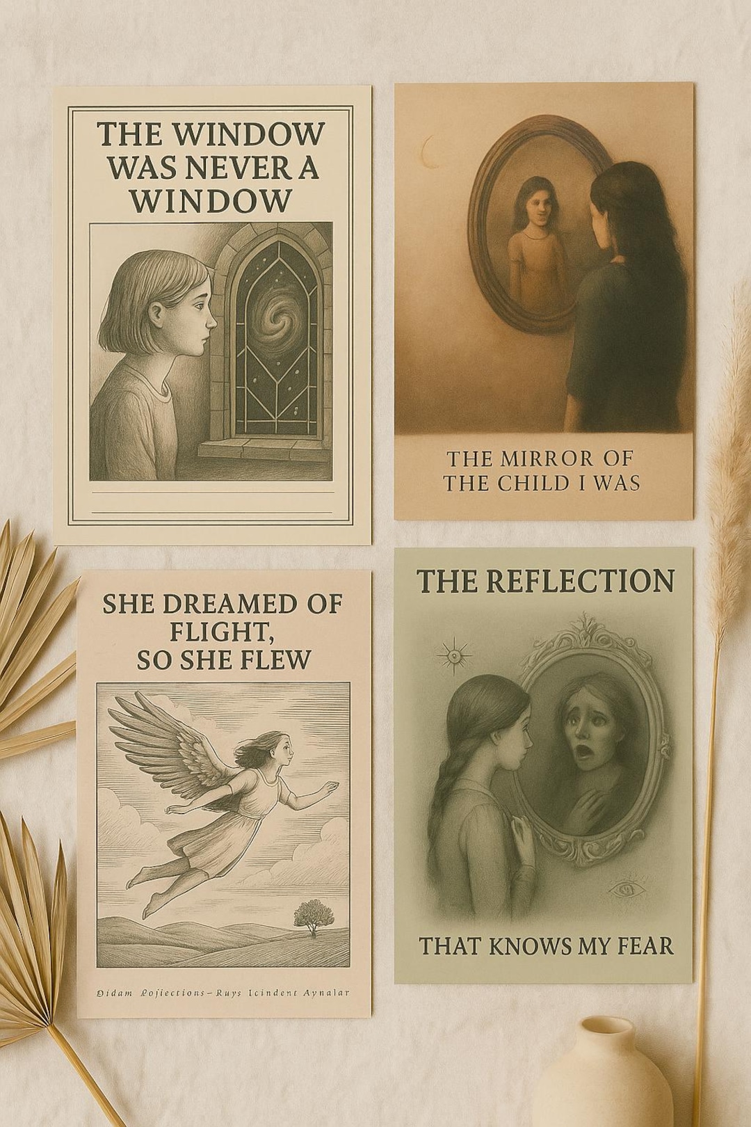 Dream Reflections Poster Set – Surreal Mirror Art, Vintage Pencil Style ...