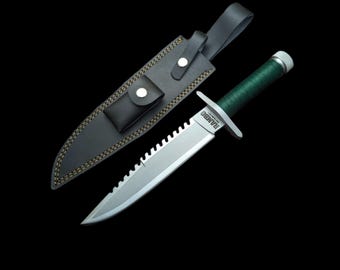 Réplica artesanal da faca Rambo First Blood: Tática de sobrevivência, com bainha de couro.