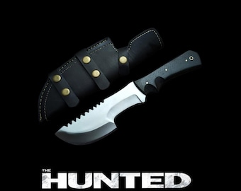 Cuchillo de seguimiento de acero D2 hecho a mano: mango de micarta de espiga completa / funda de cuero / cuchillo de cosplay de regalo /