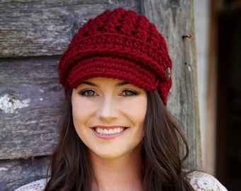 Crochet Newsboy Hat | Girl Hat | Newsboy with Strap | Newsgirl brimmed Hat | Fall Fashion | Women Accessories | Brim Beanie | Womens Hat