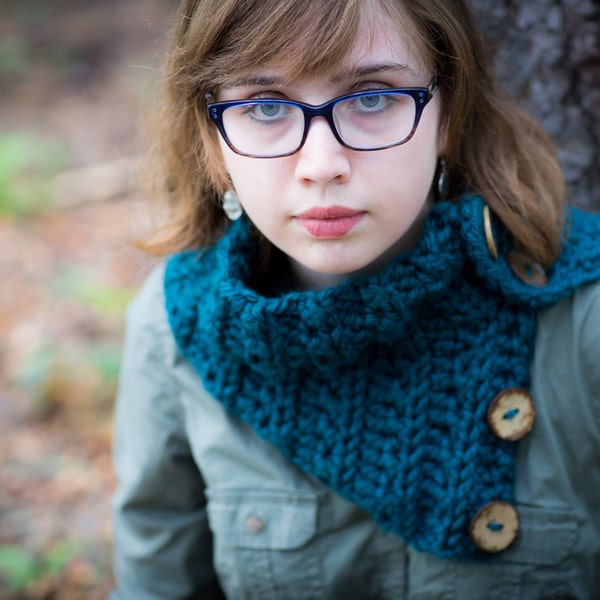 Super Thick, Ultra Chic, Textured Fashion Cowl, Button Up Scarf in Antique Teal, Layered Look | Soft and Cozy Scarf | Great Gift