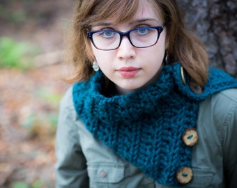 Super Thick, Ultra Chic, Textured Fashion Cowl, Button Up Scarf in Antique Teal, Layered Look | Soft and Cozy Scarf | Great Gift