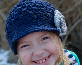 Girls Crocheted Hat in Navy with Gray Flower, Handmade Newsgirl in all sizes