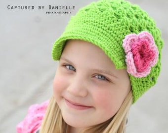 All sizes available Brimmed Newsgirl Newsboy Crocheted Hat in Lime Green,Pink, and Hot Rose