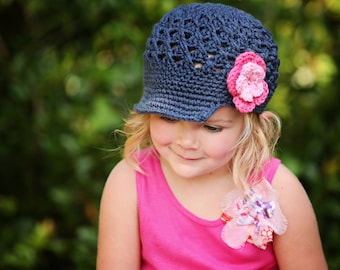 Girl Flower Newsgirl Newsboy Crocheted Hat Dark Denim, Pink, and Hot Rose. Baby toddler child tween teen adult sizes