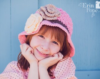 Girl Sun Hat | Baby Hat |  Toddler Hat | Crocheted Sunhat | Flower Cloche Beanie | Bucket Style Beach Hat | Pink Ivory Tan | Rose Garden Hat