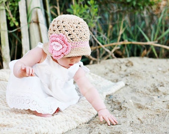 Beach Sunhat Bucket Style Sun Hat Beanie crocheted with flower in khaki, soft pink, and pink