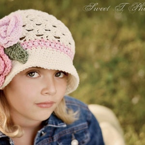 Girl Sunhat Bucket StyleBeach Beanie crocheted hat Soft Ecru with Lavender, Soft Pink, Sage, and Pink. Summer Spring, and Fall Hat