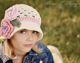 Girl Sunhat Bucket StyleBeach Beanie crocheted hat Soft Ecru with Lavender, Soft Pink, Sage, and Pink. Summer Spring, and Fall Hat