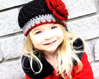 All Sizes Available Flower Flapper Beanie Crocheted Hat in Autumn Red, Gray, and Black