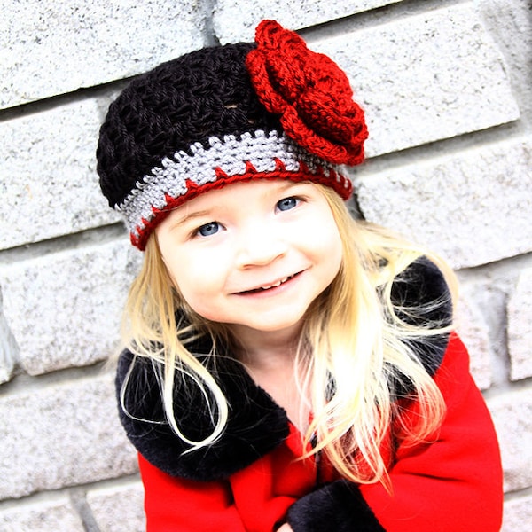 All Sizes Available Flower Flapper Beanie Crocheted Hat in Autumn Red, Gray, and Black