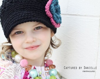 Girls hat with flower, brimmed hat for teen, tween, child, baby Newsgirl Newsboy Crochet Hat in Black with Antique teal and Old Rose Flower