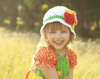 Beach Hat Sunhat Bucket Style Beanie crocheted hat White with Flower and accent stripes in red. lime, green, orange, buttercup, and rose