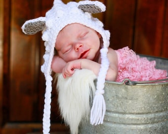 Newborn hat, photo prop, Lamb Pixie Hood with ties, crocheted animal hat. Baby bonnet, Lamb hat,