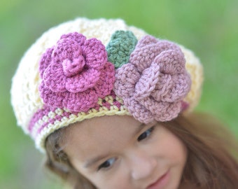 Slouchy Flower Bouquet Beret Crochet Hat Buttercream with Old Rose, Dusty Rose, and Sage accents baby toddler child teen adult