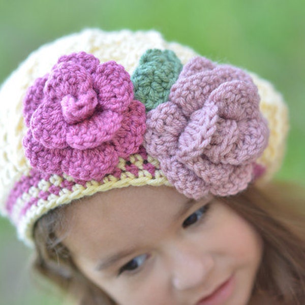 Slouchy Flower Bouquet Beret Crochet Hat Buttercream with Old Rose, Dusty Rose, and Sage accents baby toddler child teen adult